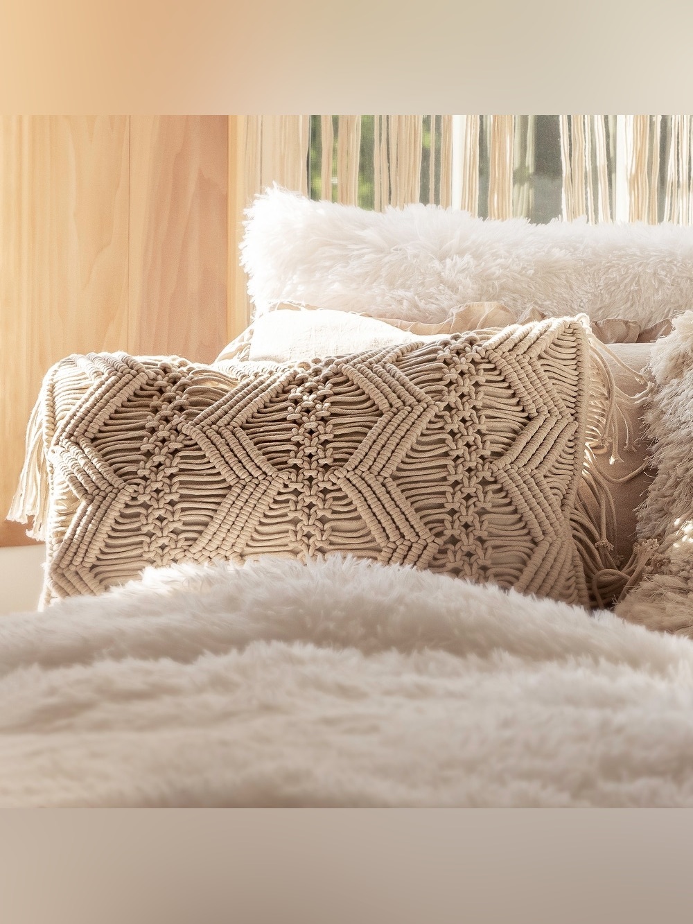 Chevron Macrame Decorative Pillow Cover Neutral cream ivory lumbar pillow throw